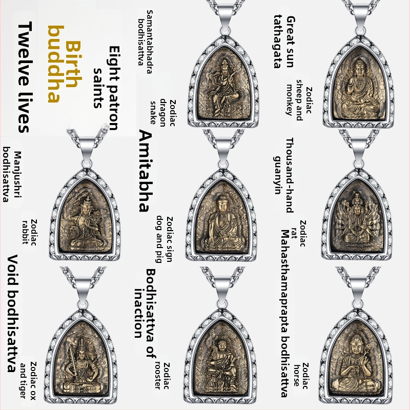 Náhrdelník z titánovej ocele s amuletom Budha, osem ochranných svätcov, vzadu zverokruh a diamantové prvky