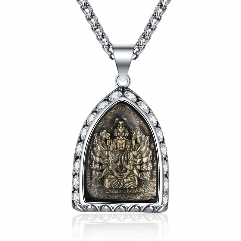 Titāna tērauda kaklarota ar Budas amuletu, astoņi aizbildņi, muguras zodiaks un diamantu akcenti