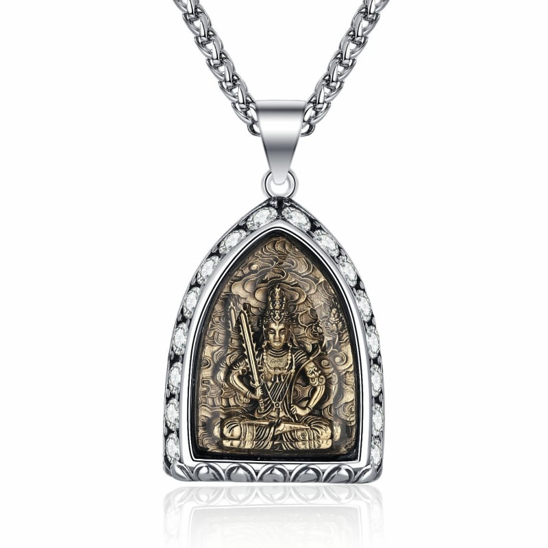Titāna tērauda kaklarota ar Budas amuletu, astoņi aizbildņi, muguras zodiaks un diamantu akcenti