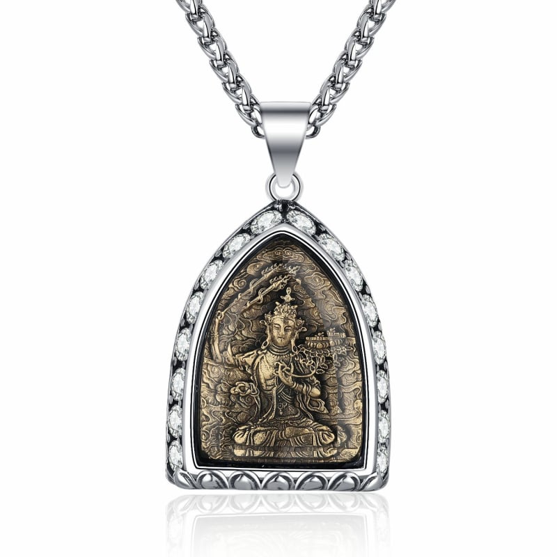 Titāna tērauda kaklarota ar Budas amuletu, astoņi aizbildņi, muguras zodiaks un diamantu akcenti