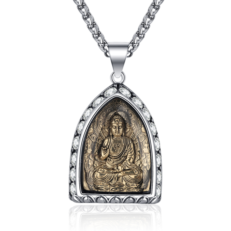 Titāna tērauda kaklarota ar Budas amuletu, astoņi aizbildņi, muguras zodiaks un diamantu akcenti