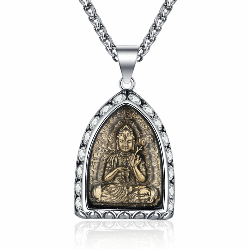 Titāna tērauda kaklarota ar Budas amuletu, astoņi aizbildņi, muguras zodiaks un diamantu akcenti