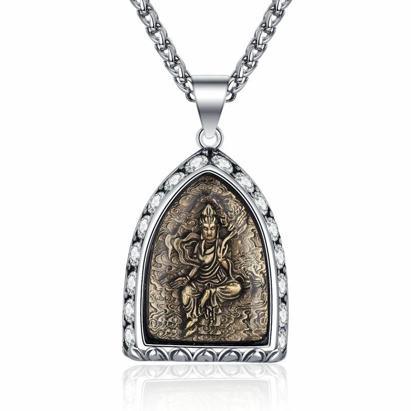 Titāna tērauda kaklarota ar Budas amuletu, astoņi aizbildņi, muguras zodiaks un diamantu akcenti