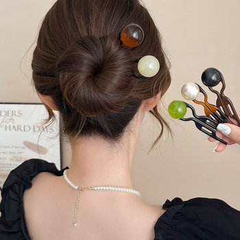 U-kujuline juukseklips ümmarguse helmiga, etnilise stiiliga, materjal: atsetaat