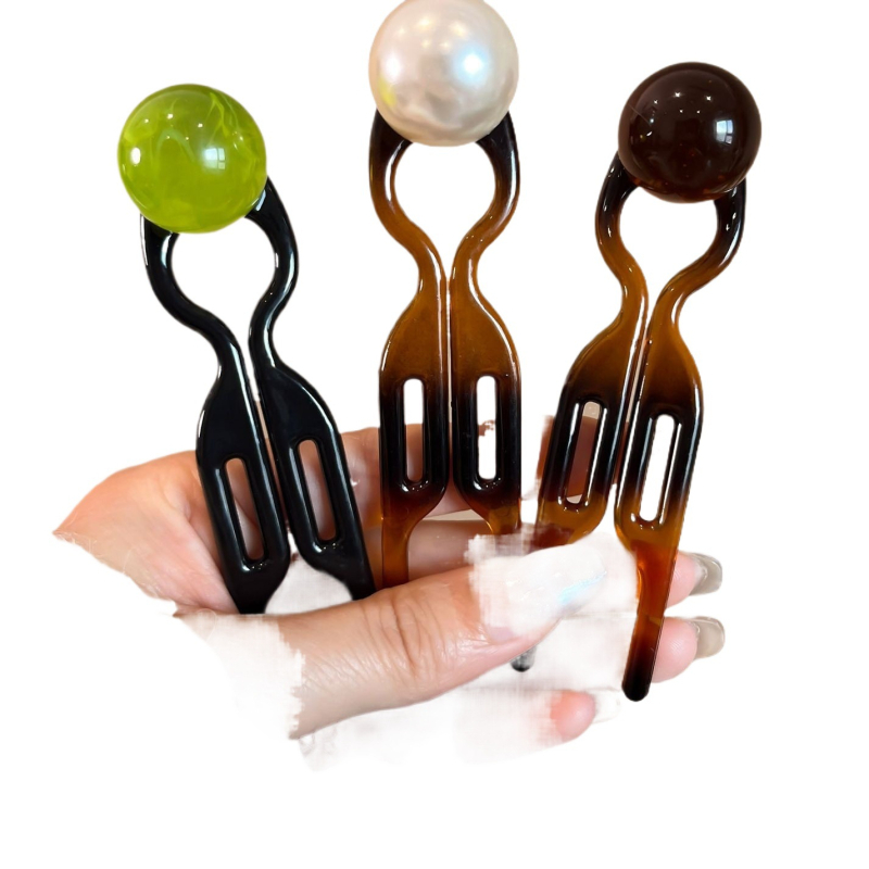 U-kujuline juukseklips ümmarguse helmiga, etnilise stiiliga, materjal: atsetaat