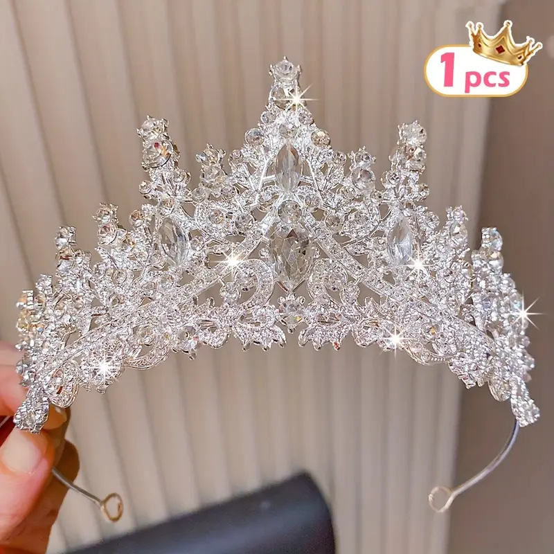 Tiara de mireasă pentru păr, din aliaj, cu cristale, formă de coroană, electroplating (Material: aliaj; Cristale: cristale; Stil: feminin; Formă: coroană; Finisare: electroplating)