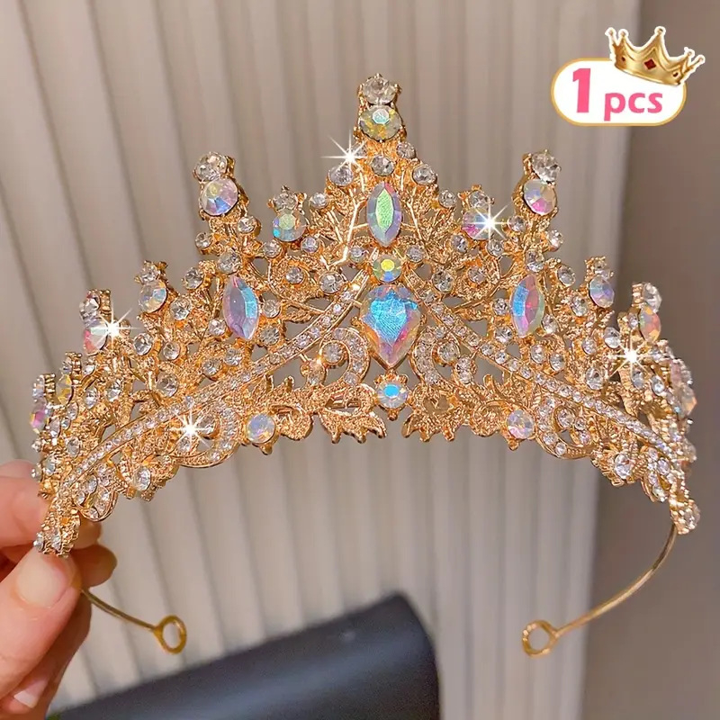 Tiara de mireasă pentru păr, din aliaj, cu cristale, formă de coroană, electroplating (Material: aliaj; Cristale: cristale; Stil: feminin; Formă: coroană; Finisare: electroplating)