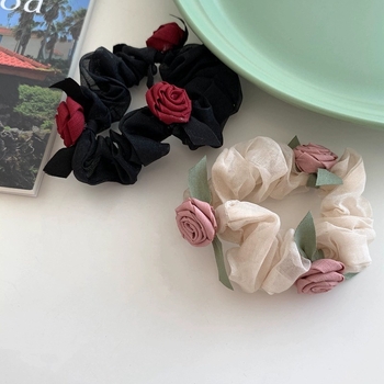 Inel de păr cu floare de trandafir - din plasă, lucrat manual, design simplu, elasticitate mare