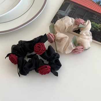 Inel de păr cu floare de trandafir - din plasă, lucrat manual, design simplu, elasticitate mare