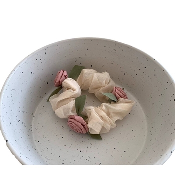 Inel de păr cu floare de trandafir - din plasă, lucrat manual, design simplu, elasticitate mare