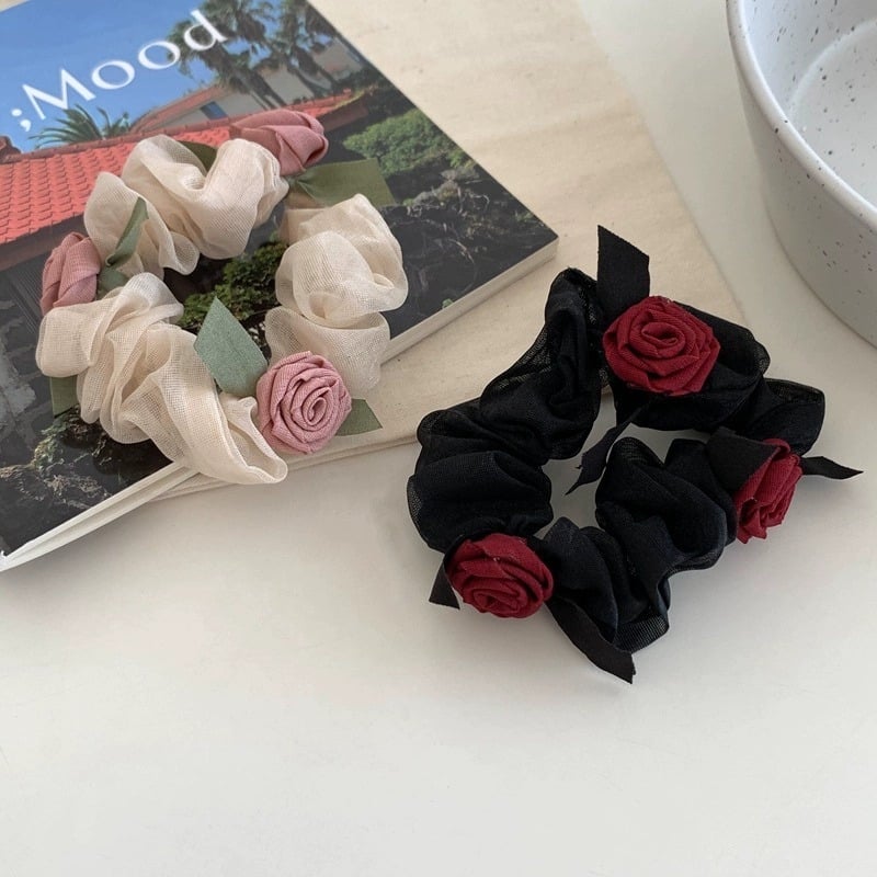 Inel de păr cu floare de trandafir - din plasă, lucrat manual, design simplu, elasticitate mare