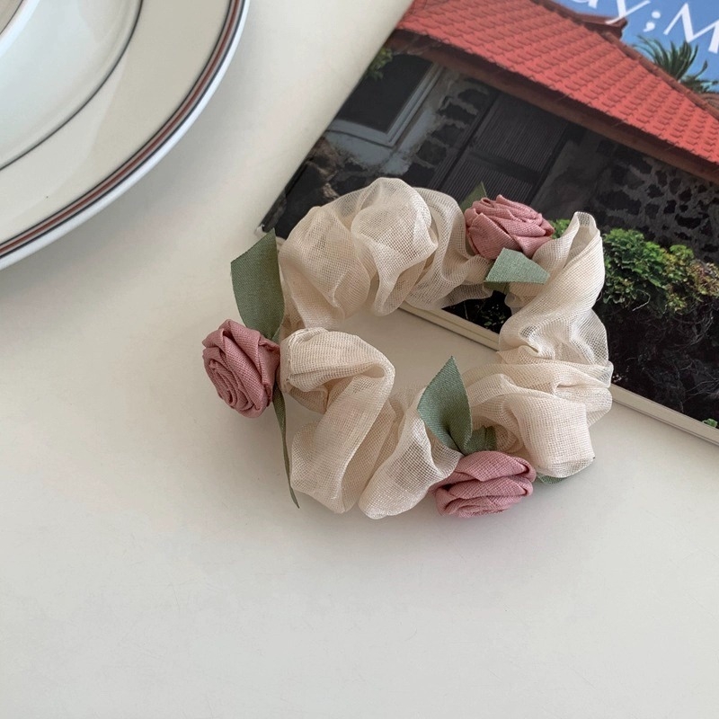 Inel de păr cu floare de trandafir - din plasă, lucrat manual, design simplu, elasticitate mare