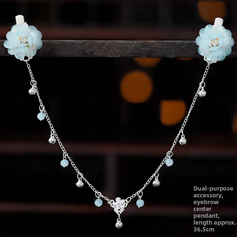 Ornament pentru frunte în stil Hanfu, aliaj, accesorii vintage pentru păr cu floare de camelia, tricotat manual, cod A355, origine Jinhua