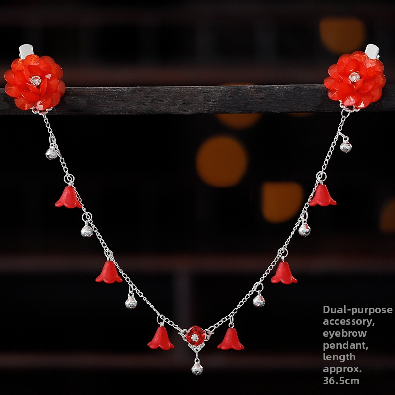 Ornament pentru frunte în stil Hanfu, aliaj, accesorii vintage pentru păr cu floare de camelia, tricotat manual, cod A355, origine Jinhua