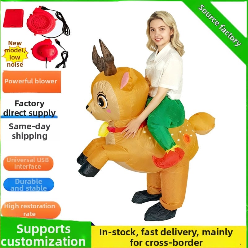 Karikatuurne maskott-kostüüm – puhutav põdrakostüüm lavaproovideks (210T kangas; puhutav; pooljuhitav ja pool-mehaaniline valmistus; sobiv pühade ja lavaproovide jaoks)