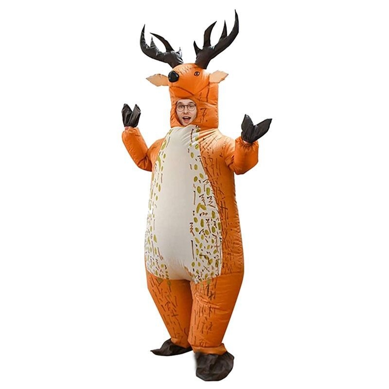 Karikatuurne maskott-kostüüm – puhutav põdrakostüüm lavaproovideks (210T kangas; puhutav; pooljuhitav ja pool-mehaaniline valmistus; sobiv pühade ja lavaproovide jaoks)