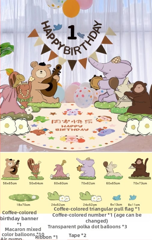 Dzimšanas dienas skatuves dekoru komplekts ar KT paneļu fonu un baloniem — papīrs, krītošie baloni, astes bumbas formas baloni