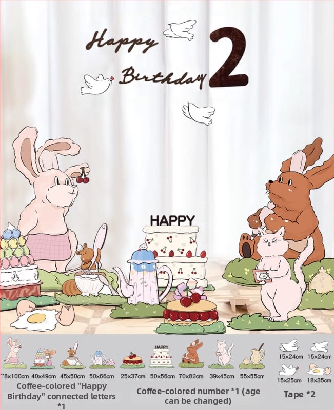 Dzimšanas dienas skatuves dekoru komplekts ar KT paneļu fonu un baloniem — papīrs, krītošie baloni, astes bumbas formas baloni