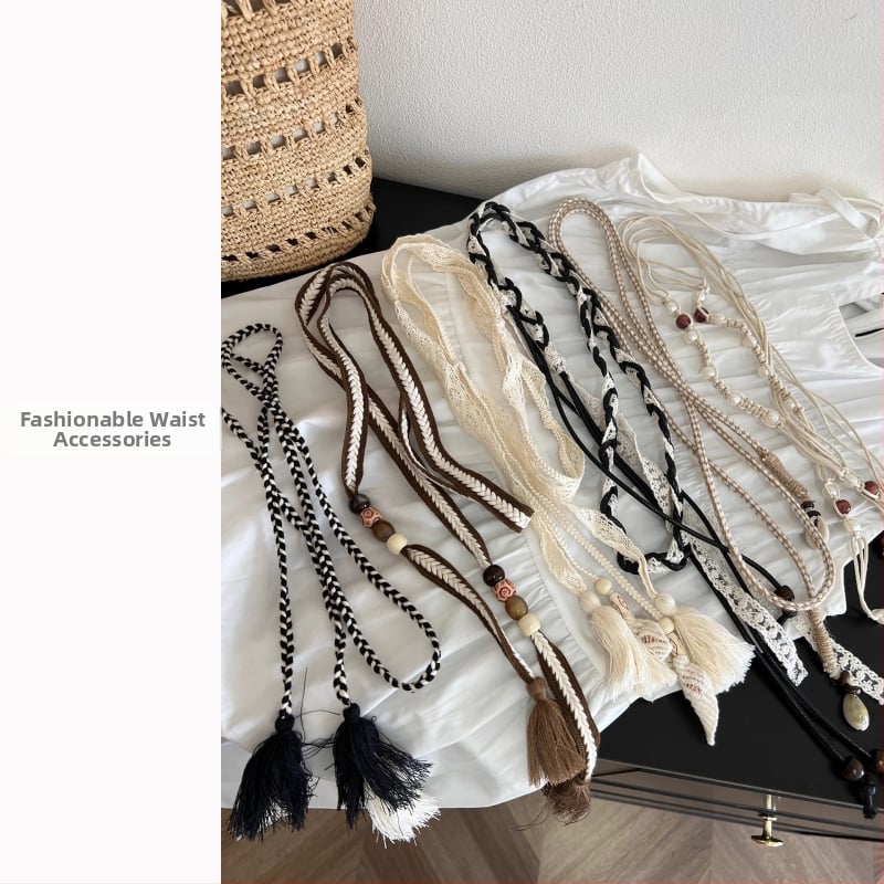 Bohemas stila josta viduklim ar austu kokvilnas pavedienu un mezgla dekoru, 2025 vasara