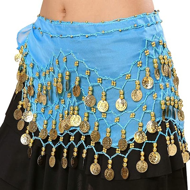 Centură de talie pentru dansul burii cu monede în trei straturi, curea metalică, cataramă cu cui; lățime 2–4 cm.