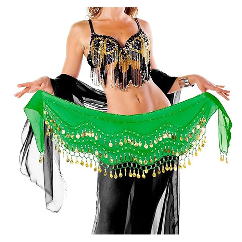 Centură de talie pentru dansul burii cu monede în trei straturi, curea metalică, cataramă cu cui; lățime 2–4 cm.