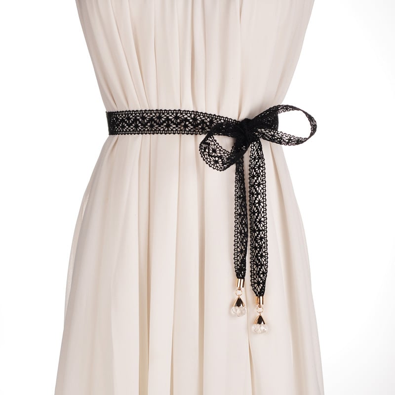 Curea de talie din dantelă pentru femei, cu nod, decor cu cristale, șnur subțire, lățime 2-4 cm