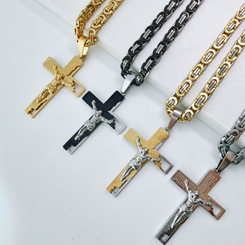 Limon nerūsējošā tērauda ģeometriska kaklarota ar diamanta krusta kulonu, elektroplatēta