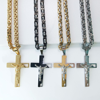 Limon nerūsējošā tērauda ģeometriska kaklarota ar diamanta krusta kulonu, elektroplatēta