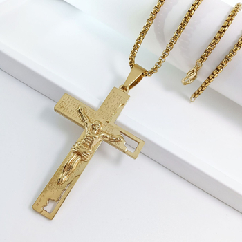 Limon nerūsējošā tērauda ģeometriska kaklarota ar diamanta krusta kulonu, elektroplatēta