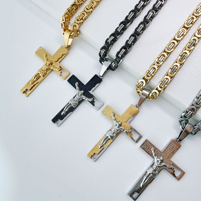 Limon nerūsējošā tērauda ģeometriska kaklarota ar diamanta krusta kulonu, elektroplatēta