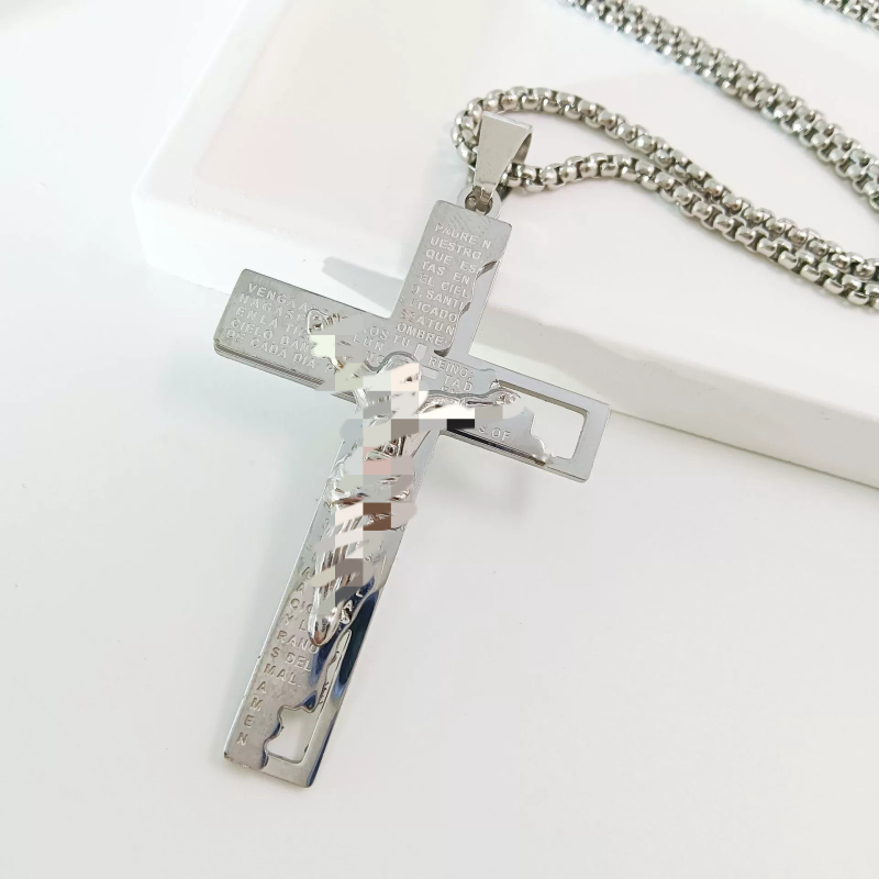 Limon nerūsējošā tērauda ģeometriska kaklarota ar diamanta krusta kulonu, elektroplatēta