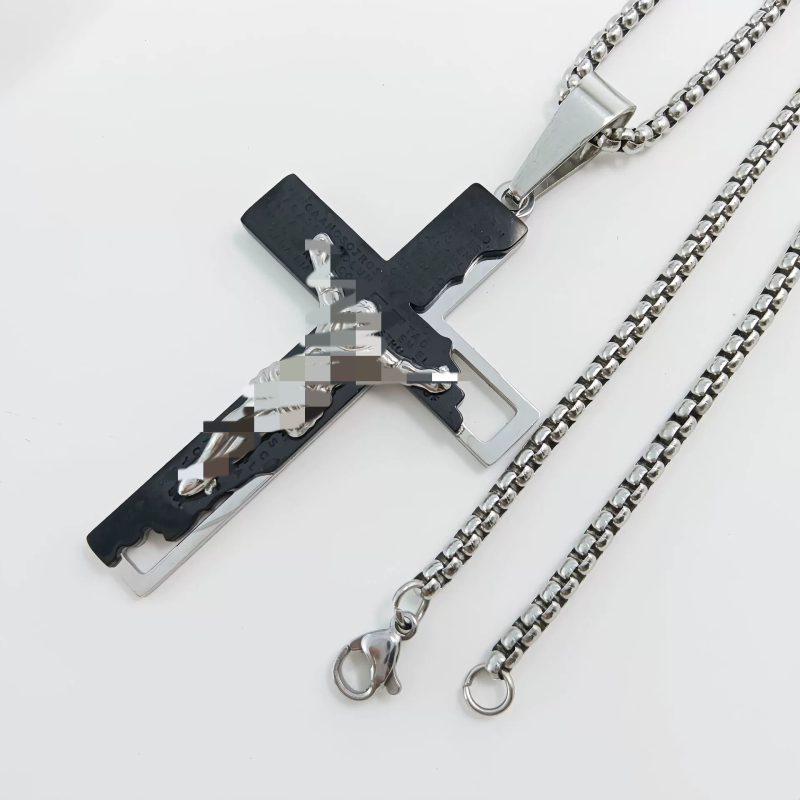 Limon nerūsējošā tērauda ģeometriska kaklarota ar diamanta krusta kulonu, elektroplatēta