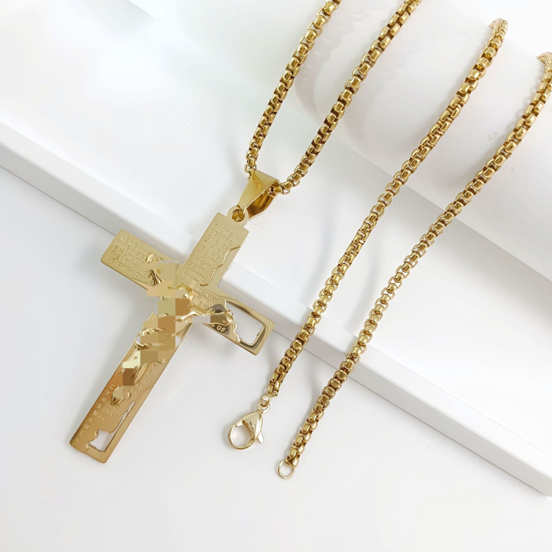 Limon nerūsējošā tērauda ģeometriska kaklarota ar diamanta krusta kulonu, elektroplatēta