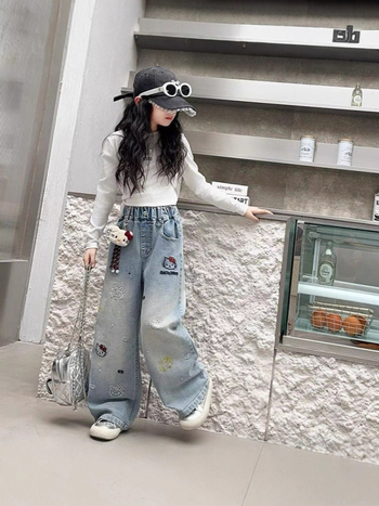 Παιδικά βαμβακερά παντελόνια τζιν για κορίτσια, φαρδιά γραμμή, σχέδιο καρτούν, μεσαία μέση, άνοιξη-φθινόπωρο, για παιδιά από 8 ετών