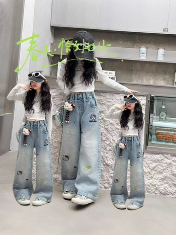 Παιδικά βαμβακερά παντελόνια τζιν για κορίτσια, φαρδιά γραμμή, σχέδιο καρτούν, μεσαία μέση, άνοιξη-φθινόπωρο, για παιδιά από 8 ετών