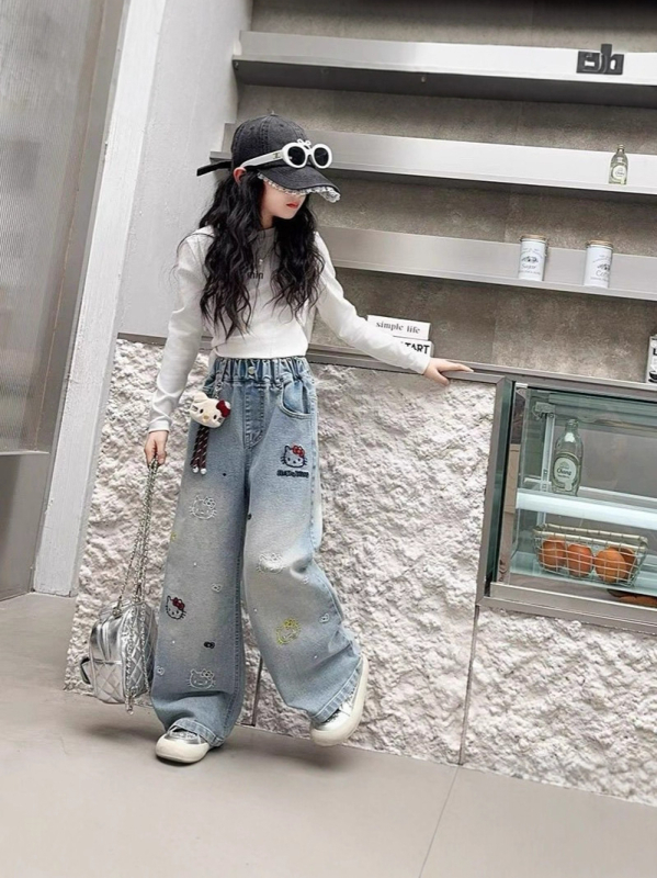 Παιδικά βαμβακερά παντελόνια τζιν για κορίτσια, φαρδιά γραμμή, σχέδιο καρτούν, μεσαία μέση, άνοιξη-φθινόπωρο, για παιδιά από 8 ετών