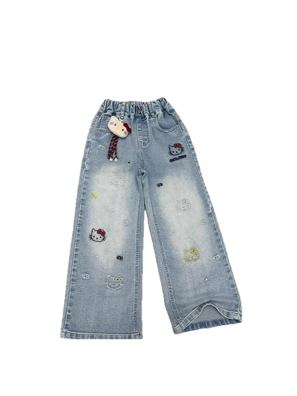 Παιδικά βαμβακερά παντελόνια τζιν για κορίτσια, φαρδιά γραμμή, σχέδιο καρτούν, μεσαία μέση, άνοιξη-φθινόπωρο, για παιδιά από 8 ετών