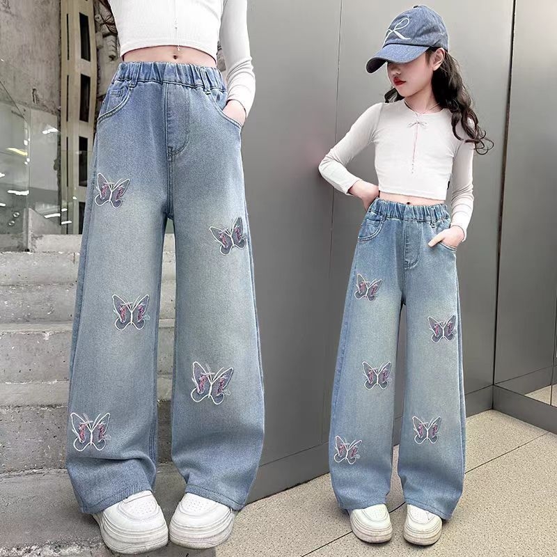 Παιδικά βαμβακερά παντελόνια τζιν για κορίτσια, φαρδιά γραμμή, σχέδιο καρτούν, μεσαία μέση, άνοιξη-φθινόπωρο, για παιδιά από 8 ετών