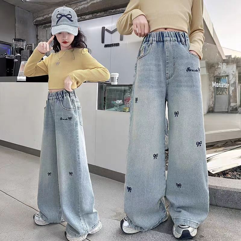 Παιδικά βαμβακερά παντελόνια τζιν για κορίτσια, φαρδιά γραμμή, σχέδιο καρτούν, μεσαία μέση, άνοιξη-φθινόπωρο, για παιδιά από 8 ετών