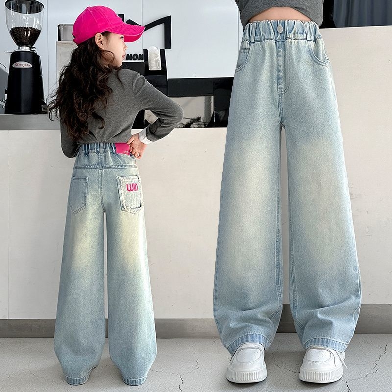 Παιδικά βαμβακερά παντελόνια τζιν για κορίτσια, φαρδιά γραμμή, σχέδιο καρτούν, μεσαία μέση, άνοιξη-φθινόπωρο, για παιδιά από 8 ετών