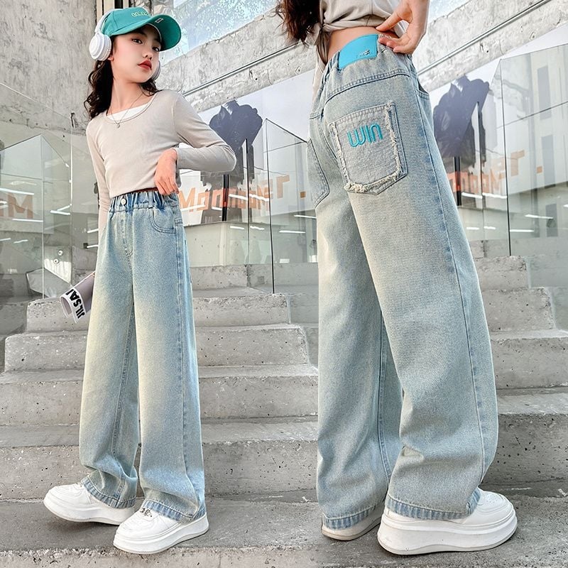 Παιδικά βαμβακερά παντελόνια τζιν για κορίτσια, φαρδιά γραμμή, σχέδιο καρτούν, μεσαία μέση, άνοιξη-φθινόπωρο, για παιδιά από 8 ετών