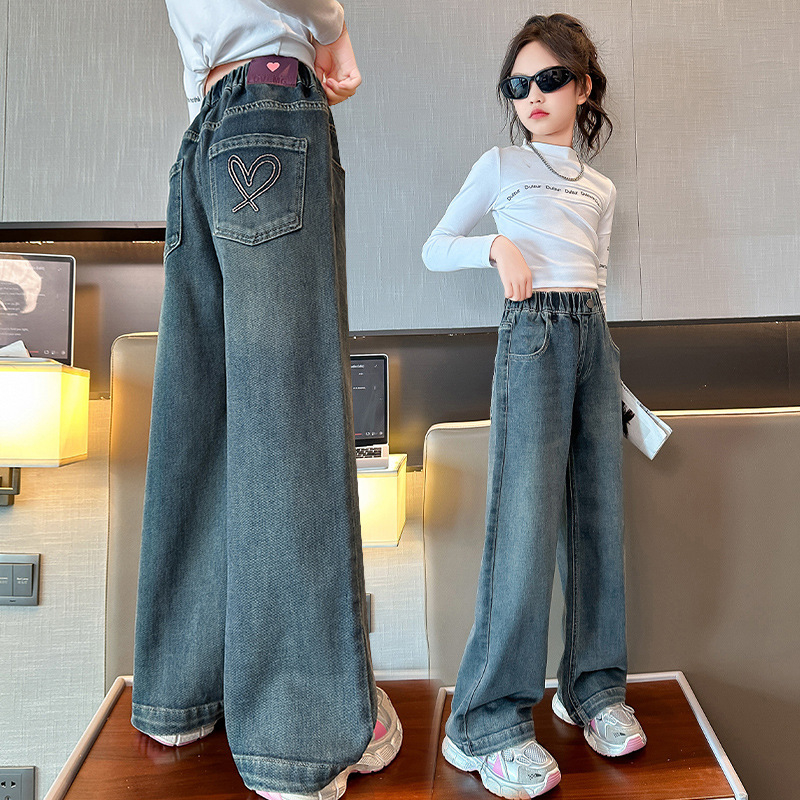 Παιδικά βαμβακερά παντελόνια τζιν για κορίτσια, φαρδιά γραμμή, σχέδιο καρτούν, μεσαία μέση, άνοιξη-φθινόπωρο, για παιδιά από 8 ετών