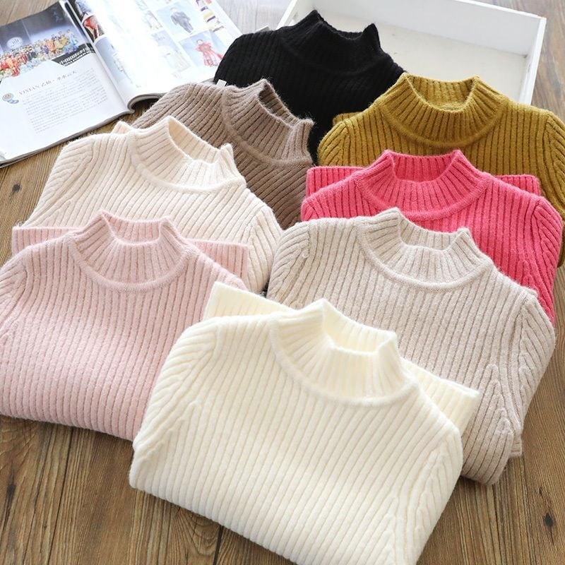 Bērnu biezi adīts džemperis, korejiešu stilā, pusaugstā kakla, garas piedurknes, 60% poliesteris, ziema, vecumam 3–8 gadi