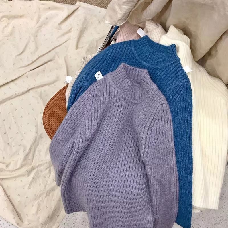 Bērnu biezi adīts džemperis, korejiešu stilā, pusaugstā kakla, garas piedurknes, 60% poliesteris, ziema, vecumam 3–8 gadi