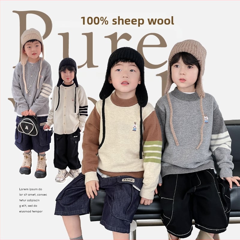 Bērnu vilnas džemperis korejiešu stilā, apaļu kakla, garas piedurknes, vienkrāsains raksts, 3–8 gadiem, ziema