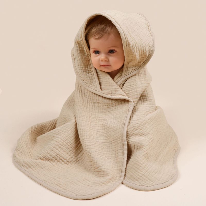 Zīdaiņu kapuces pleds no tīras kokvilnas – četrslāņu gāze, kokvilnas audums, piemērots zīdaiņiem un maziem bērniem (1–3 gadi)