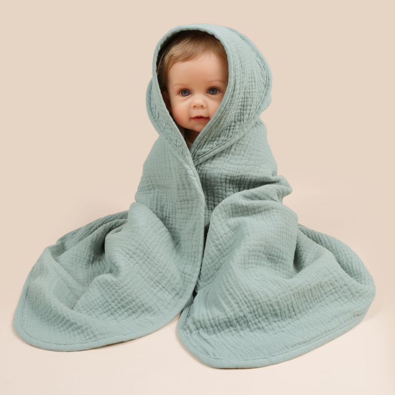 Zīdaiņu kapuces pleds no tīras kokvilnas – četrslāņu gāze, kokvilnas audums, piemērots zīdaiņiem un maziem bērniem (1–3 gadi)