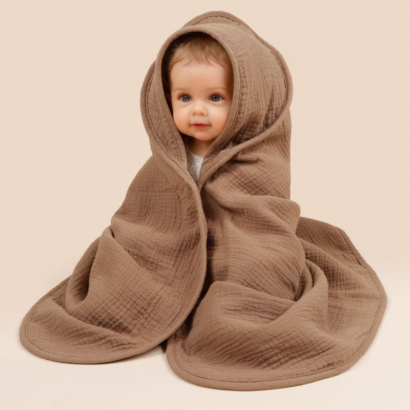 Zīdaiņu kapuces pleds no tīras kokvilnas – četrslāņu gāze, kokvilnas audums, piemērots zīdaiņiem un maziem bērniem (1–3 gadi)