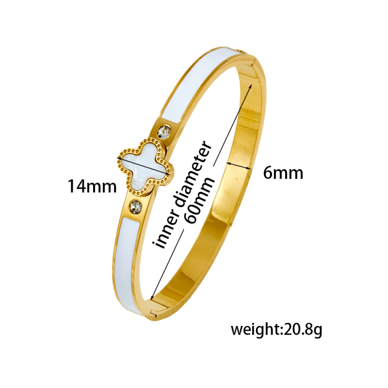 Sieviešu rokassprādze no titāna tērauda, minimālistisks dizains, elektroplatinēts pārklājums, četrlapu zieda motīvs, svars 0.01