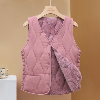Sieviešu ziemas veste ar fleece iekšpusi, poliesterā pildījums, V kakls, A līnijas siluets, vienrindas pogu aizdare, parastā garuma (50–65 cm)